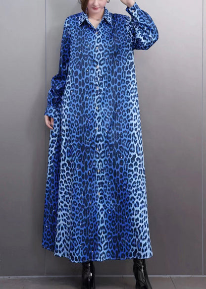 Modern Blue Leopard Print Button Maxi Shirts Dress Lantern Sleeve