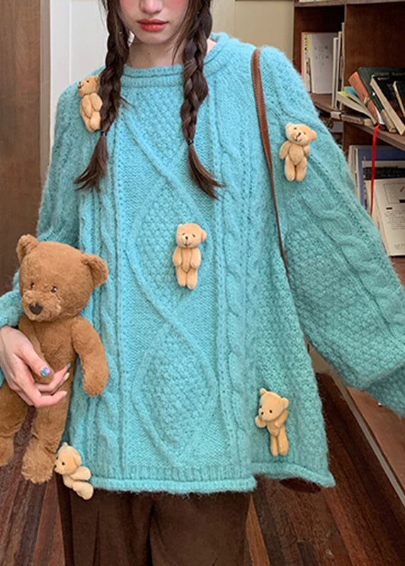 Suéteres de punto de algodón grueso con cuello redondo azul moderno de Little Bear Otoño