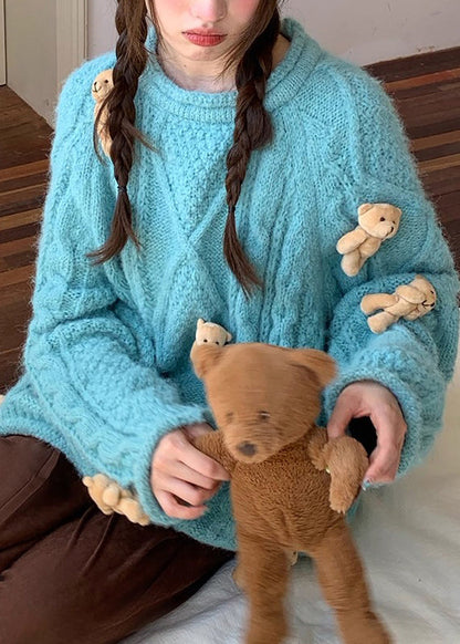 Suéteres de punto de algodón grueso con cuello redondo azul moderno de Little Bear Otoño