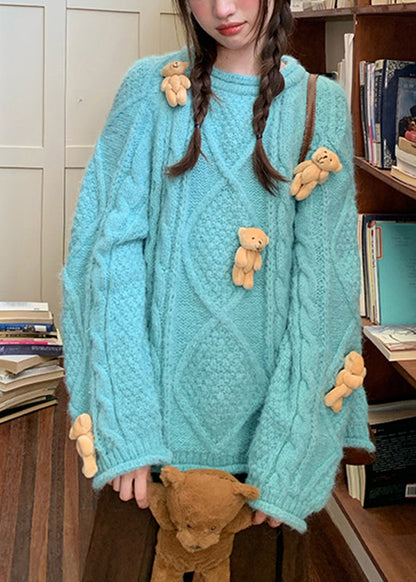 Suéteres de punto de algodón grueso con cuello redondo azul moderno de Little Bear Otoño