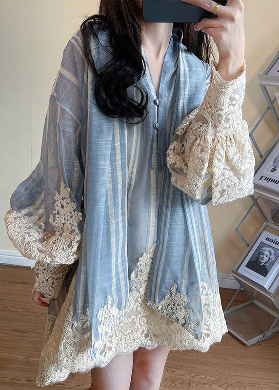 Modern Blue Oversized Patchwork Shirt Dress Lantern Sleeve