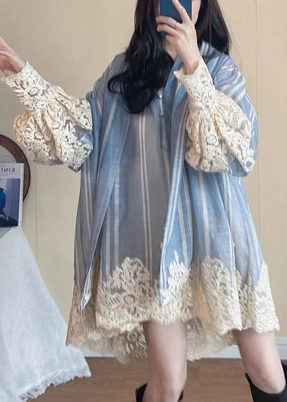Modern Blue Oversized Patchwork Shirt Dress Lantern Sleeve