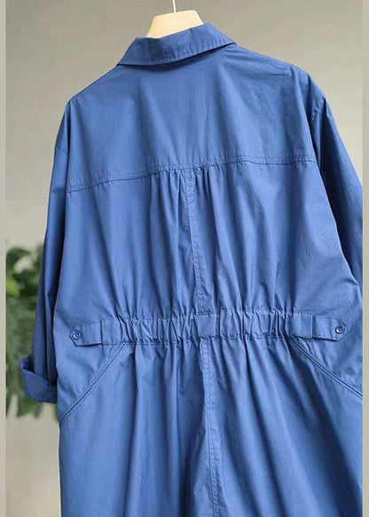 Moderne blaue Trenchcoats aus Baumwolle mit Peter-Pan-Kragen und Taschen für den Frühling