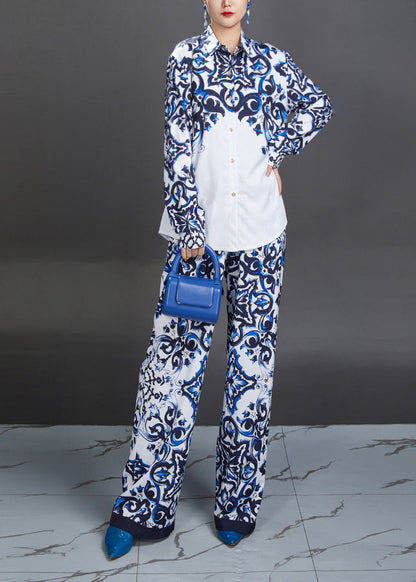 Modern Blue Peter Pan Collar Print Shirts And Straight Pants Two Piece Suit Set Fall