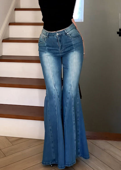 Modern Blue Pockets High Waist Denim Flare Bottoms Fall