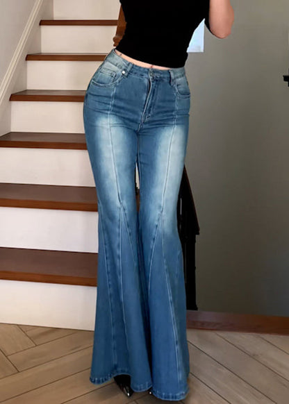 Modern Blue Pockets High Waist Denim Flare Bottoms Fall