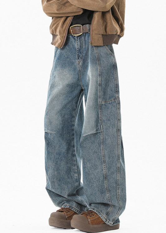 Modern Blue Pockets High Waist Patchwork Denim Men Pants Summer