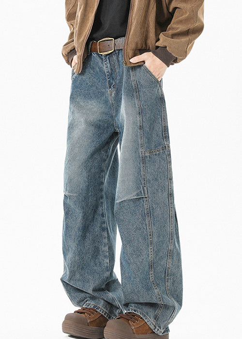 Modern Blue Pockets High Waist Patchwork Denim Men Pants Summer