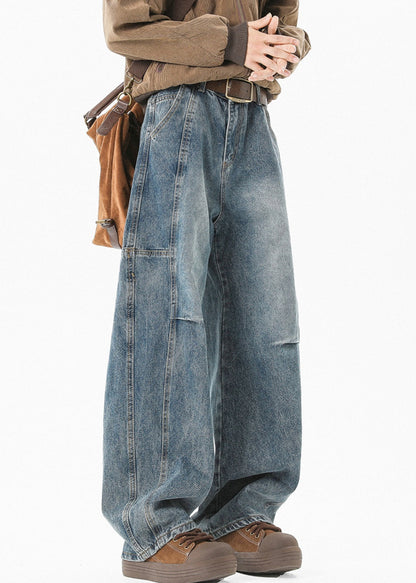 Modern Blue Pockets High Waist Patchwork Denim Men Pants Summer