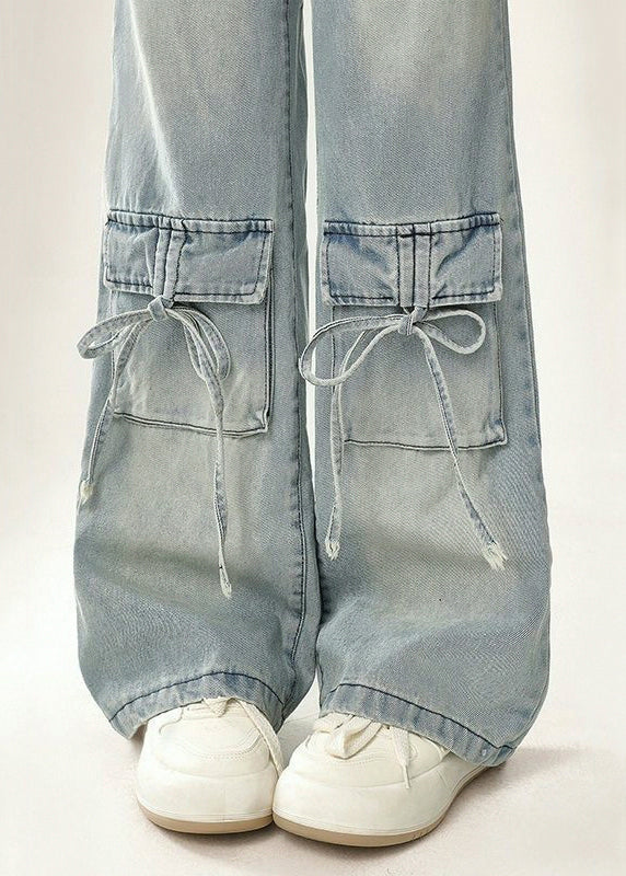 Pantalones vaqueros de cintura alta con cordones y bolsillos azules modernos para primavera