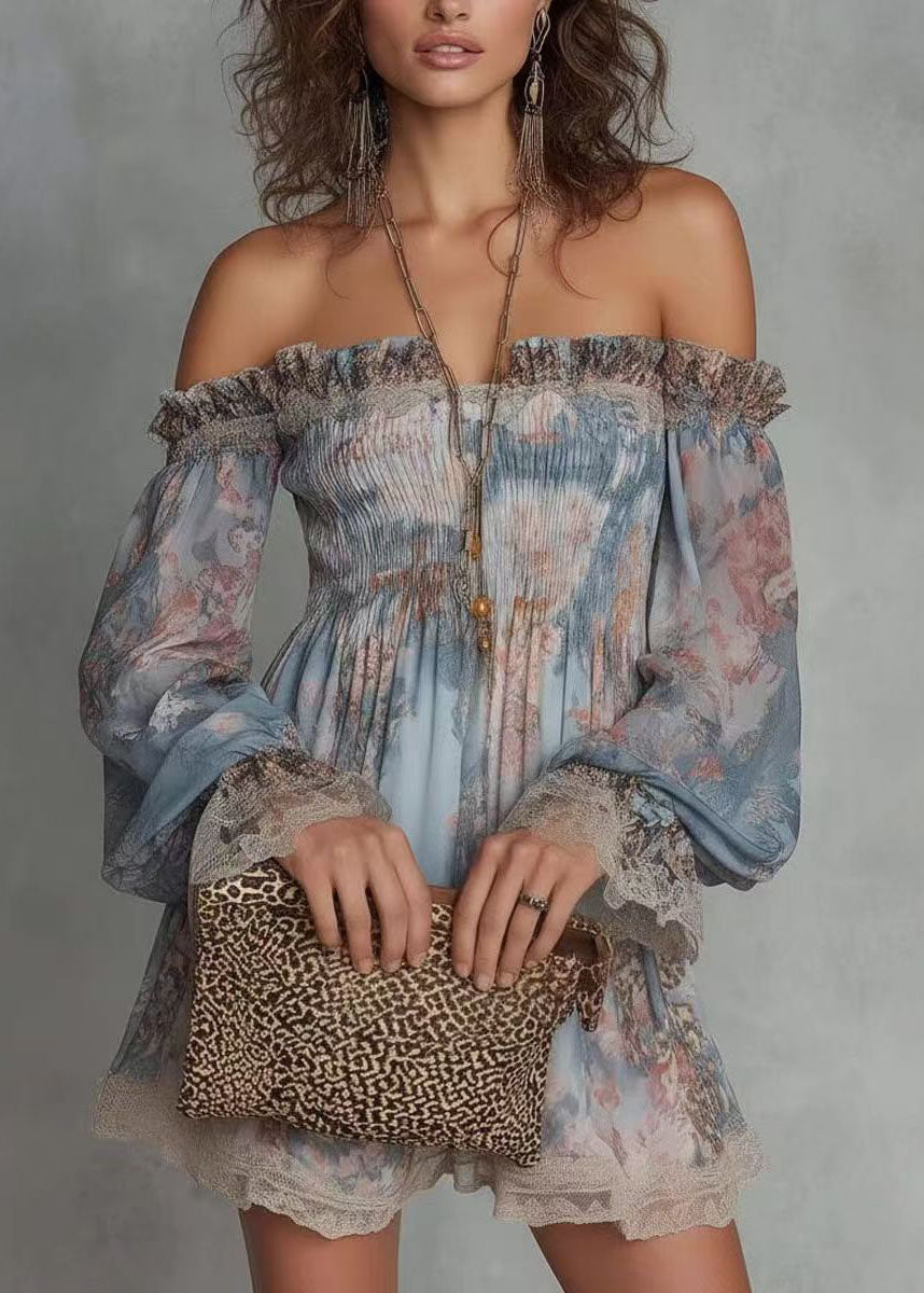 Modern Blue Print Slash Neck Wrinkled Patchwork Lace Shirts Long Sleeve