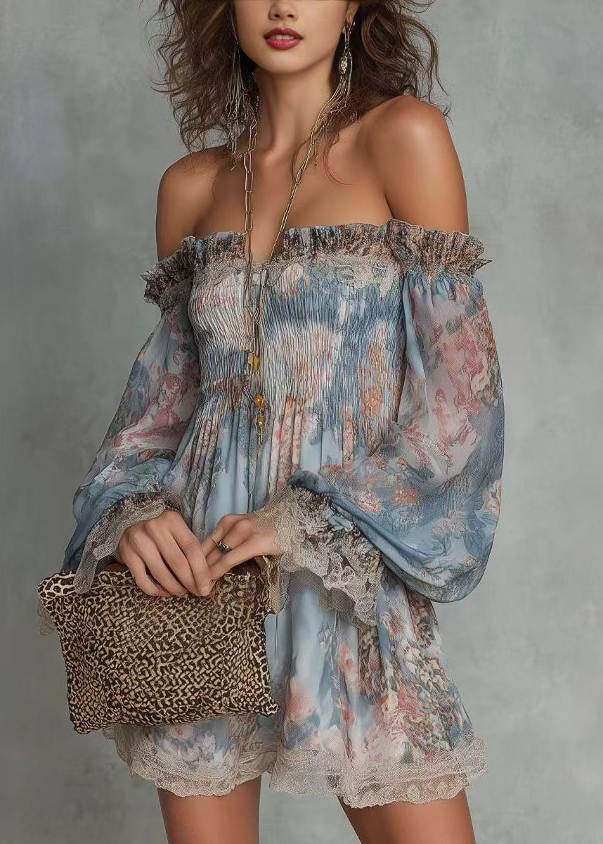 Modern Blue Print Slash Neck Wrinkled Patchwork Lace Shirts Long Sleeve