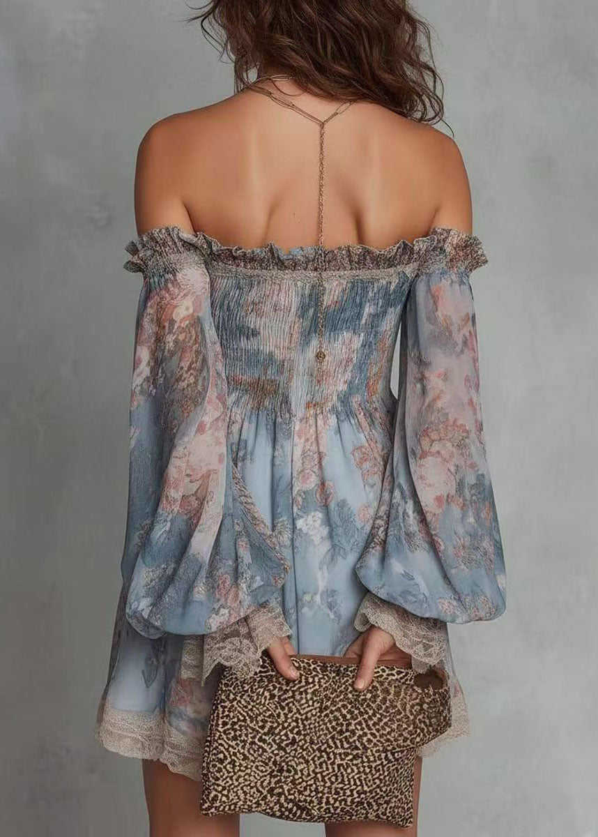 Modern Blue Print Slash Neck Wrinkled Patchwork Lace Shirts Long Sleeve