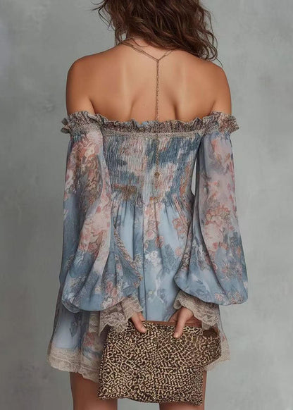 Modern Blue Print Slash Neck Wrinkled Patchwork Lace Shirts Long Sleeve