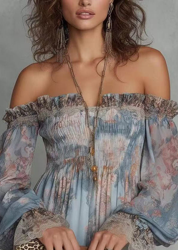 Modern Blue Print Slash Neck Wrinkled Patchwork Lace Shirts Long Sleeve