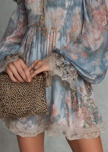 Modern Blue Print Slash Neck Wrinkled Patchwork Lace Shirts Long Sleeve