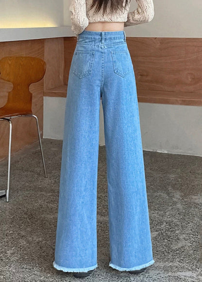 Modern Blue Raw Edge High Waist Denim Pants Spring