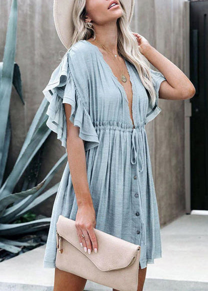 Modern Blue Ruffled Lace Up Cotton Mini Dresses Summer