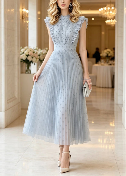 Modern Blue Ruffled Patchwork Dot Vacation Maxi Dresses Sleeveless