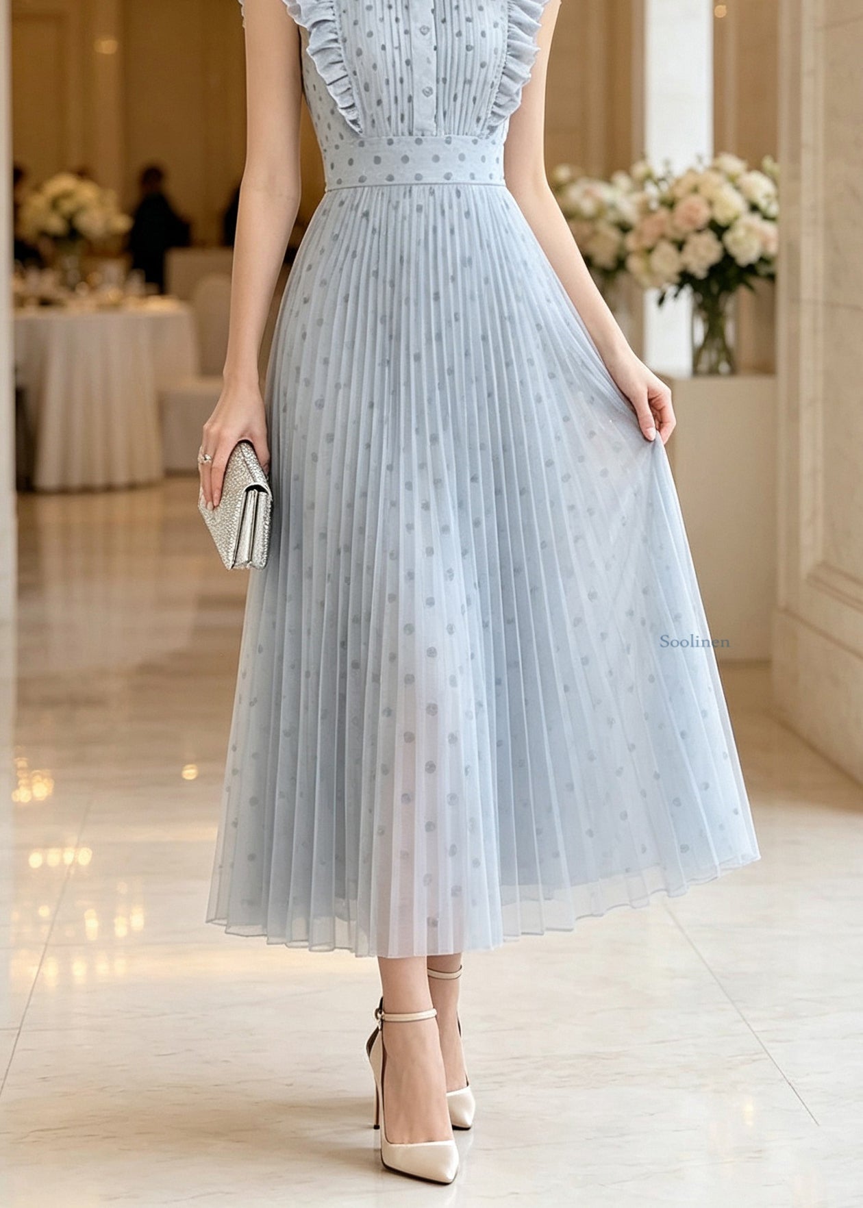 Modern Blue Ruffled Patchwork Dot Vacation Maxi Dresses Sleeveless