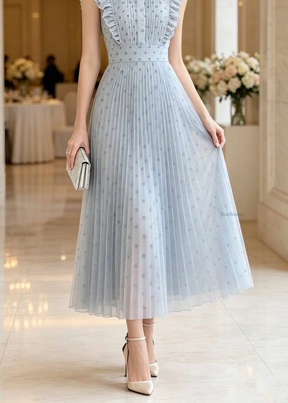 Modern Blue Ruffled Patchwork Dot Vacation Maxi Dresses Sleeveless
