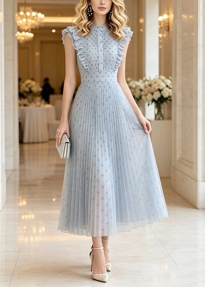 Modern Blue Ruffled Patchwork Dot Vacation Maxi Dresses Sleeveless