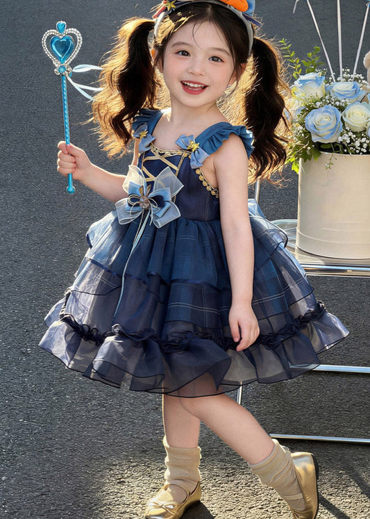 Modern Blue Ruffled Patchwork Tulle Kids Long Spaghetti Strap Dress Sleeveless
