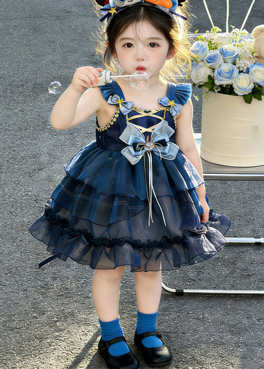 Modern Blue Ruffled Patchwork Tulle Kids Long Spaghetti Strap Dress Sleeveless