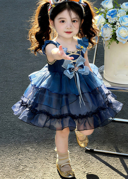 Modern Blue Ruffled Patchwork Tulle Kids Long Spaghetti Strap Dress Sleeveless