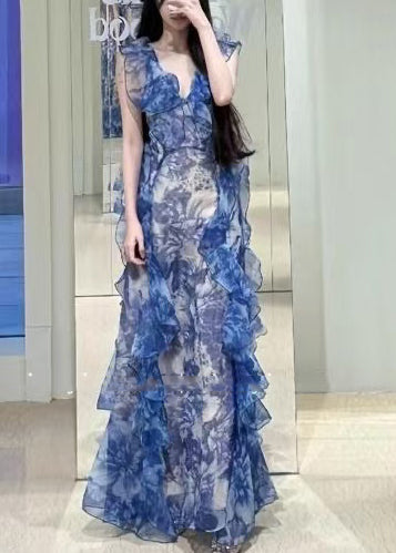 Modern Blue Ruffled Print Chiffon Long Dresses Summer