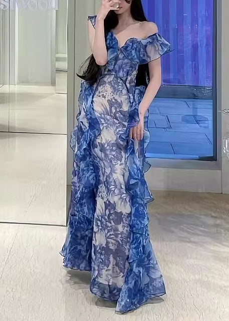 Modern Blue Ruffled Print Chiffon Long Dresses Summer