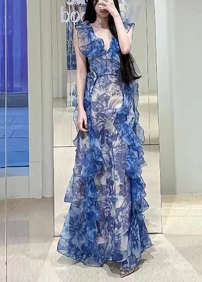 Modern Blue Ruffled Print Chiffon Long Dresses Summer