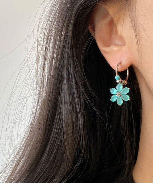 Modern Blue Stainless Steel Floral Hoop Earrings