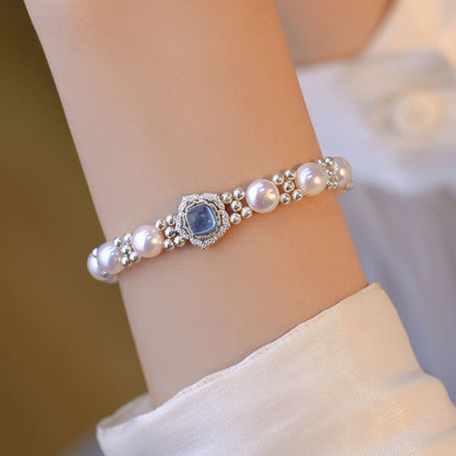 Modernes blaues Sterlingsilber-Armband mit vergoldeten eingelegten Edelsteinen und Perlen