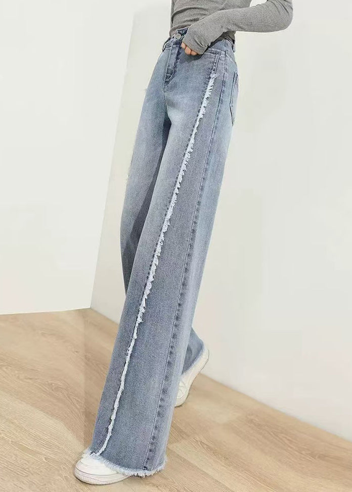 Modern Blue Tasseled Pockets Patchwork Denim Pants Spring