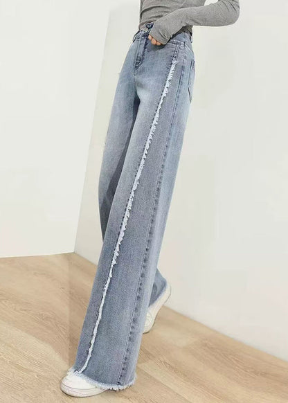 Modern Blue Tasseled Pockets Patchwork Denim Pants Spring