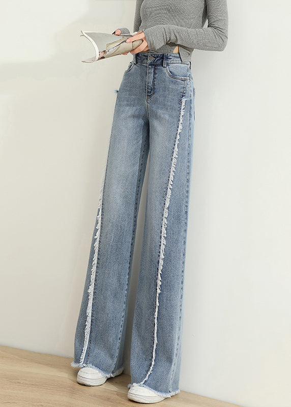 Modern Blue Tasseled Pockets Patchwork Denim Pants Spring
