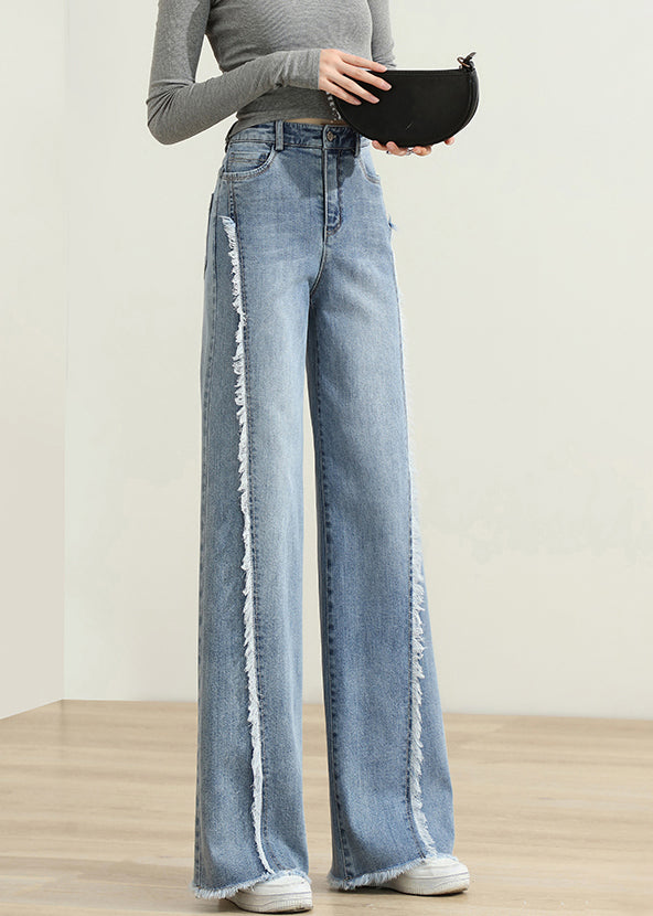 Modern Blue Tasseled Pockets Patchwork Denim Pants Spring