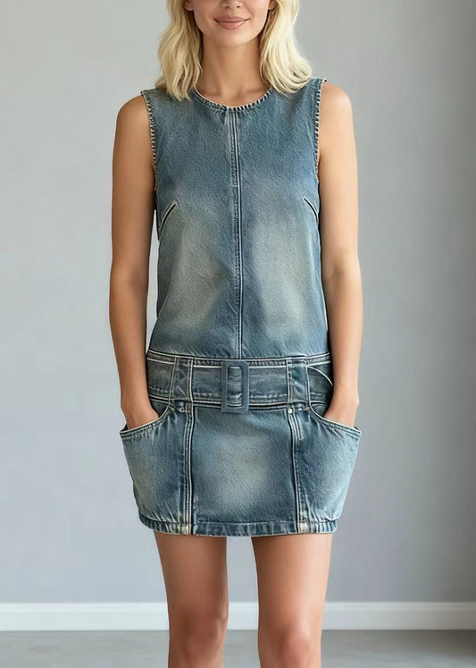 Modern Blue Tie Waist Denim Day Mini Dress Sleeveless