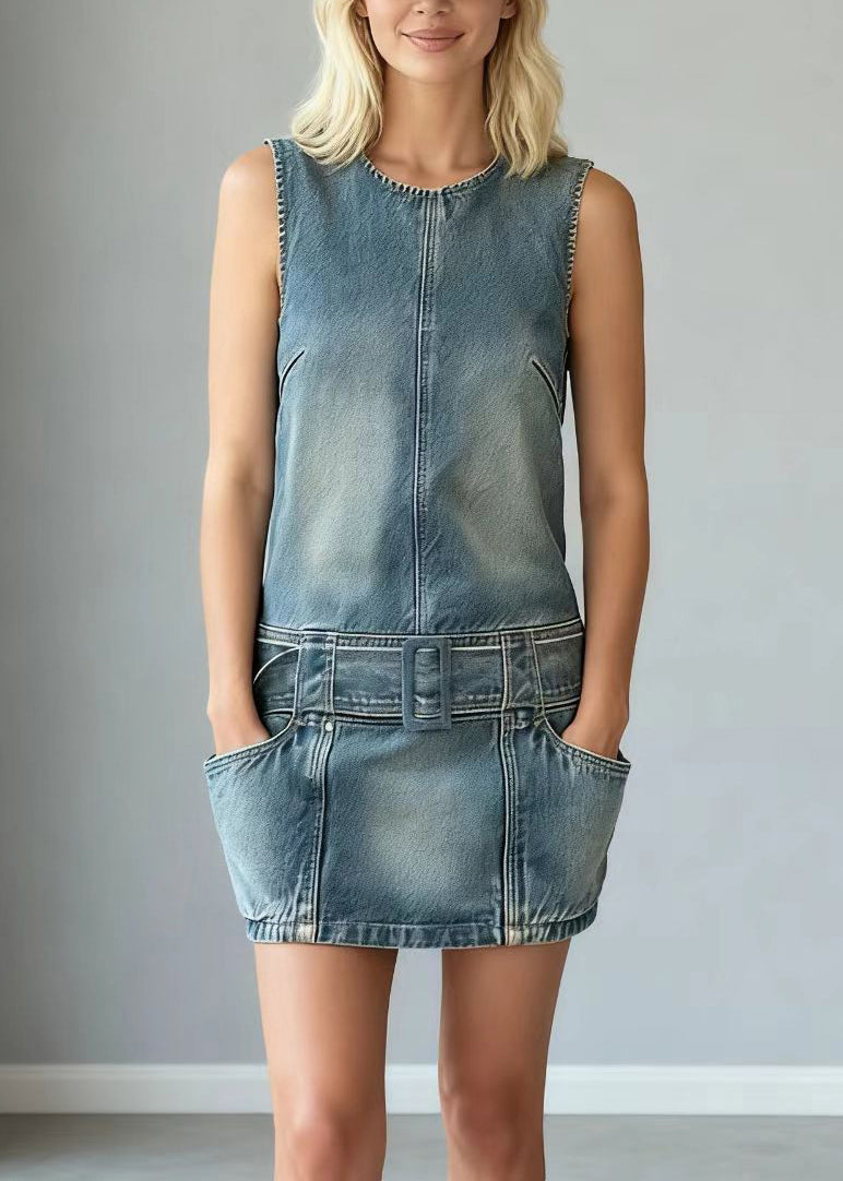 Modern Blue Tie Waist Denim Day Mini Dress Sleeveless