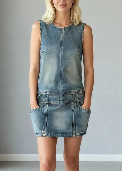 Modern Blue Tie Waist Denim Day Mini Dress Sleeveless