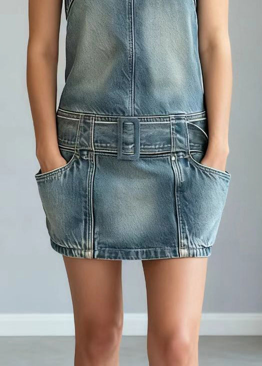 Modern Blue Tie Waist Denim Day Mini Dress Sleeveless