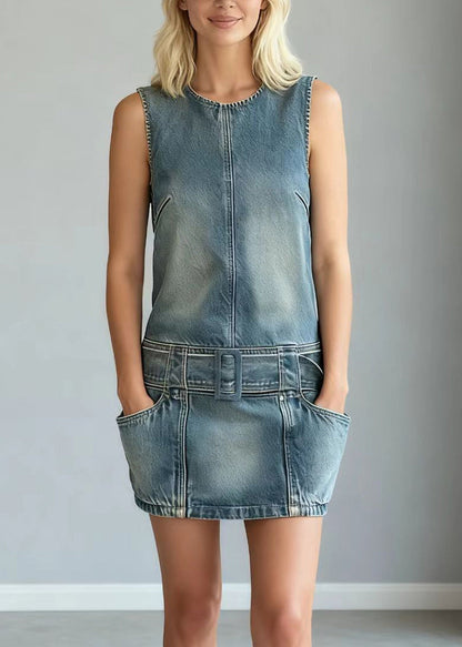 Modern Blue Tie Waist Denim Day Mini Dress Sleeveless