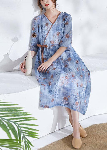 Modern Blue Tie Waist Patchwork Print Summer Ramie Dress Half Sleeve - SooLinen