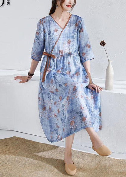 Modern Blue Tie Waist Patchwork Print Summer Ramie Dress Half Sleeve - SooLinen