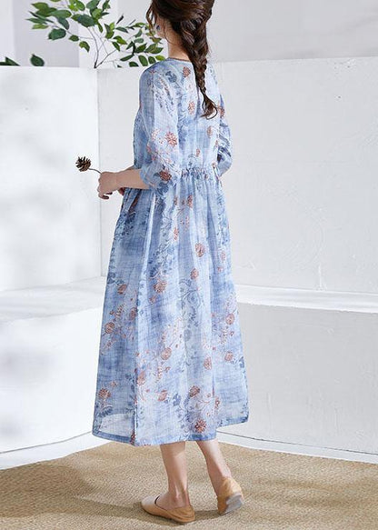 Modern Blue Tie Waist Patchwork Print Summer Ramie Dress Half Sleeve - SooLinen