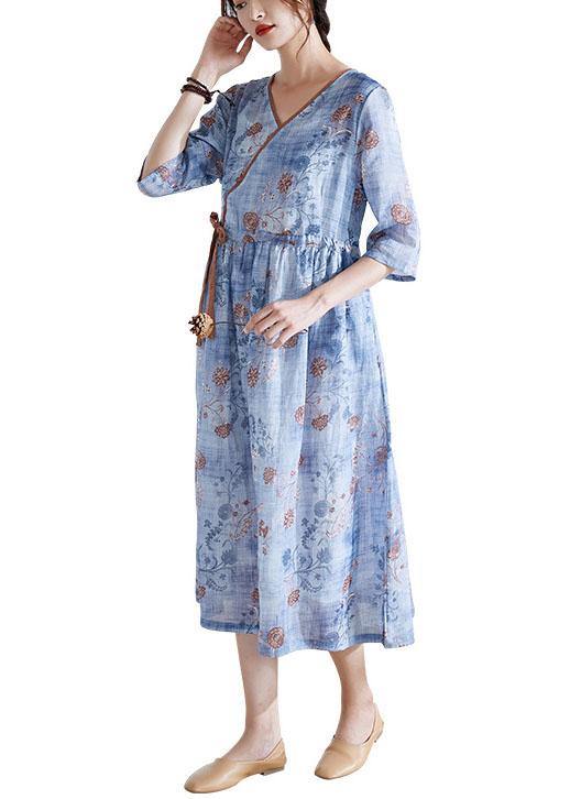 Modern Blue Tie Waist Patchwork Print Summer Ramie Dress Half Sleeve - SooLinen