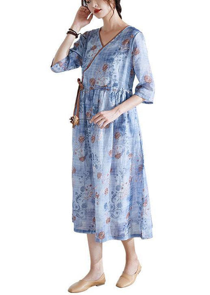 Modern Blue Tie Waist Patchwork Print Summer Ramie Dress Half Sleeve - SooLinen