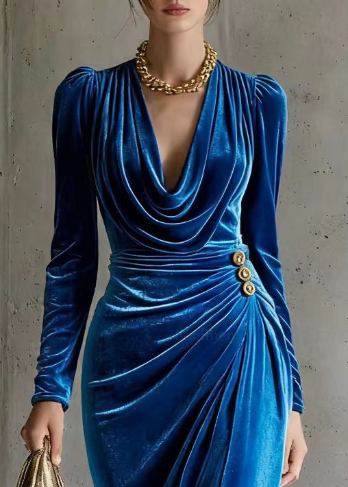 Modern Blue Turtle Neck Low High Design Silk Velvet Evening Dress Spring