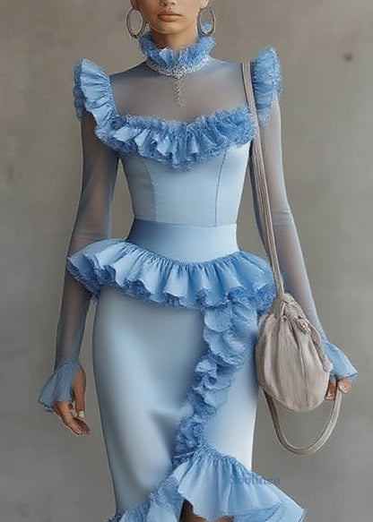 Modern Blue Turtleneck Ruffled Tulle Patchwork Long Dress Flare Sleeve